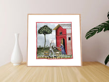 Indlæs billede til gallerivisning Farvelagt tegning fra middelalderen med en fattig bonde der sælger mælk