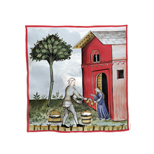 Indlæs billede til gallerivisning Farvelagt tegning fra middelalderen med en fattig bonde der sælger mælk