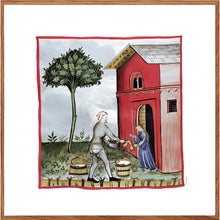 Indlæs billede til gallerivisning Farvelagt tegning fra middelalderen med en fattig bonde der sælger mælk