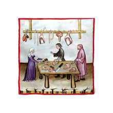 Indlæs billede til gallerivisning Farvelagt tegning fra middelalderen med en slagters markedsbod