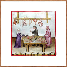 Indlæs billede til gallerivisning Farvelagt tegning fra middelalderen med en slagters markedsbod