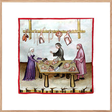 Indlæs billede til gallerivisning Farvelagt tegning fra middelalderen med en slagters markedsbod