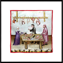 Indlæs billede til gallerivisning Farvelagt tegning fra middelalderen med en slagters markedsbod