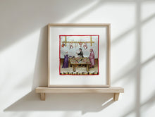 Indlæs billede til gallerivisning Farvelagt tegning fra middelalderen med en slagters markedsbod