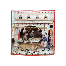 Indlæs billede til gallerivisning Farvelagt tegning fra middelalderen med en markedsbod