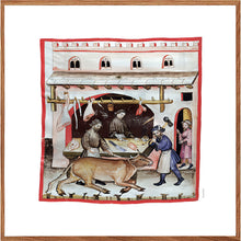 Indlæs billede til gallerivisning Farvelagt tegning fra middelalderen med en markedsbod