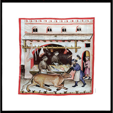 Indlæs billede til gallerivisning Farvelagt tegning fra middelalderen med en markedsbod