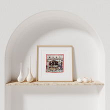 Indlæs billede til gallerivisning Farvelagt tegning fra middelalderen med en markedsbod