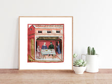 Indlæs billede til gallerivisning Farvelagt tegning fra middelalderen med en bagers markedsbod