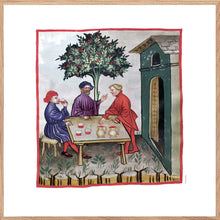 Indlæs billede til gallerivisning Farvelagt tegning fra middelalderen der viser et værtshus