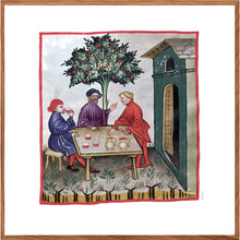 Indlæs billede til gallerivisning Farvelagt tegning fra middelalderen der viser et værtshus
