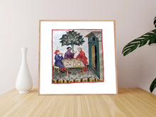 Indlæs billede til gallerivisning Farvelagt tegning fra middelalderen der viser et værtshus