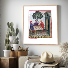 Indlæs billede til gallerivisning Farvelagt tegning fra middelalderen der viser et værtshus