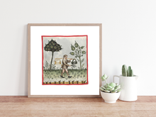 Indlæs billede til gallerivisning Farvelagt tegning fra middelalderen der viser en bonde der sår