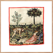 Indlæs billede til gallerivisning Farvelagt tegning fra middelalderen der viser arbejdet i en køkkenhave