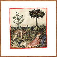 Indlæs billede til gallerivisning Farvelagt tegning fra middelalderen der viser arbejdet i en køkkenhave