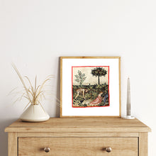 Indlæs billede til gallerivisning Farvelagt tegning fra middelalderen der viser arbejdet i en køkkenhave