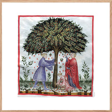 Indlæs billede til gallerivisning Farvelagt tegning fra middelalderen der viser indsamling af nødder