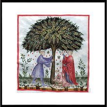 Indlæs billede til gallerivisning Farvelagt tegning fra middelalderen der viser indsamling af nødder