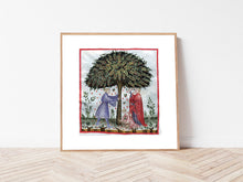 Indlæs billede til gallerivisning Farvelagt tegning fra middelalderen der viser indsamling af nødder