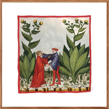 Indlæs billede til gallerivisning Farvelagt tegning fra middelalderen der viser to kvinder der høster grøntsager