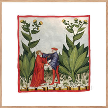 Indlæs billede til gallerivisning Farvelagt tegning fra middelalderen der viser to kvinder der høster grøntsager