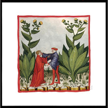 Indlæs billede til gallerivisning Farvelagt tegning fra middelalderen der viser to kvinder der høster grøntsager