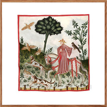 Indlæs billede til gallerivisning Farvelagt tegning fra middelalderen der viser en mand på falkejaagt