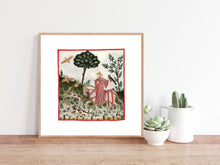 Indlæs billede til gallerivisning Farvelagt tegning fra middelalderen der viser en mand på falkejaagt