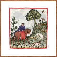 Indlæs billede til gallerivisning Farvelagt tegning fra middelalderen der viser en mand på jagt