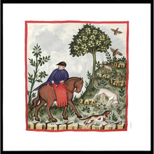 Indlæs billede til gallerivisning Farvelagt tegning fra middelalderen der viser en mand på jagt