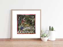 Indlæs billede til gallerivisning Faarvelagt tegning fra middelalderen der viser mænd på jagt