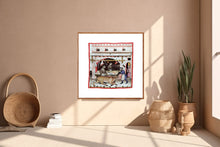 Indlæs billede til gallerivisning Farvelagt tegning fra middelalderen med en markedsbod