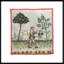 Indlæs billede til gallerivisning Farvelagt tegning fra middelalderen der viser en bonde der sår