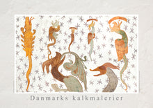 Indlæs billede til gallerivisning Plakat med en collage af kalkmalerier med middelalderens  fabeldyr, Danmark