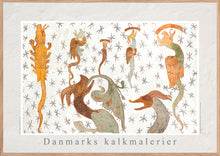 Indlæs billede til gallerivisning Plakat med en collage af kalkmalerier med middelalderens  fabeldyr, Danmark