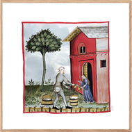 Farvelagt tegning fra middelalderen med en fattig bonde der sælger mælk