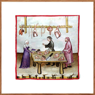 Farvelagt tegning fra middelalderen med en slagters markedsbod