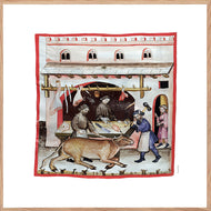 Farvelagt tegning fra middelalderen med en markedsbod