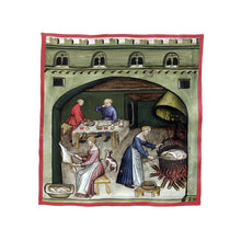 Indlæs billede til gallerivisning Farvelagt tegning fra middelalderen med en åben markedsbod
