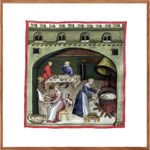 Indlæs billede til gallerivisning Farvelagt tegning fra middelalderen med en åben markedsbod
