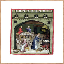 Indlæs billede til gallerivisning Farvelagt tegning fra middelalderen med en åben markedsbod
