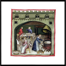 Indlæs billede til gallerivisning Farvelagt tegning fra middelalderen med en åben markedsbod

