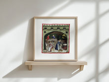 Indlæs billede til gallerivisning Farvelagt tegning fra middelalderen med en åben markedsbod
