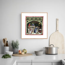 Indlæs billede til gallerivisning Farvelagt tegning fra middelalderen med en åben markedsbod
