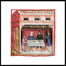 Indlæs billede til gallerivisning Farvelagt tegning fra middelalderen med en bagers markedsbod
