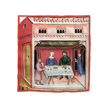 Indlæs billede til gallerivisning Farvelagt tegning fra middelalderen med en bagers markedsbod

