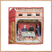 Indlæs billede til gallerivisning Farvelagt tegning fra middelalderen med en bagers markedsbod
