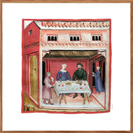 Farvelagt tegning fra middelalderen med en bagers markedsbod