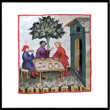 Indlæs billede til gallerivisning Farvelagt tegning fra middelalderen der viser et værtshus
